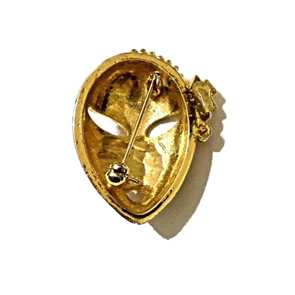 Vintage Kabuki Theater Mask Brooch Ornate Green Red Enamel Rhinestone Pin 1.75